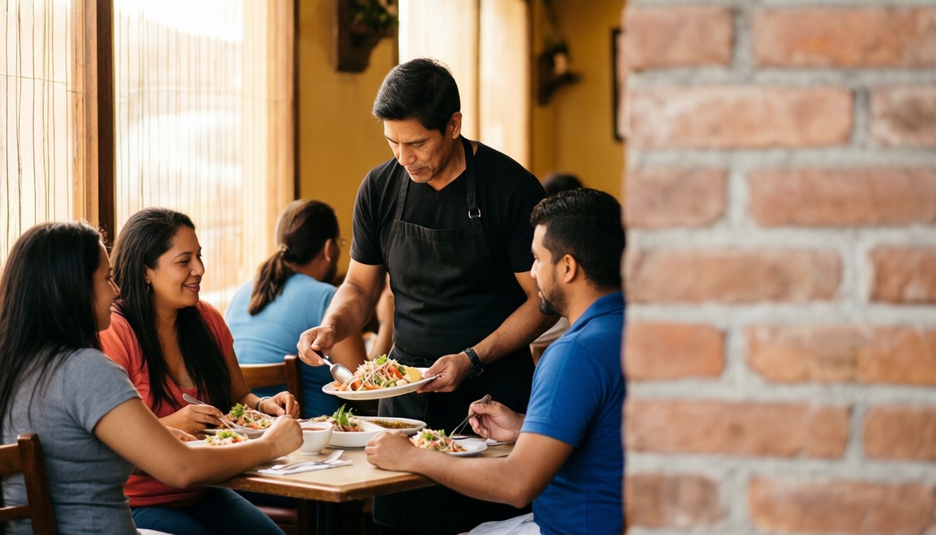 Mesero con delantal negro sirviendo ceviche a un grupo de amigos en un restaurante familiar, con una pared de ladrillo libre a la derecha para un título.